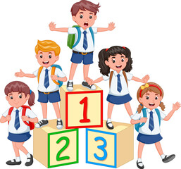 Happy little kids with number blocks. cute students with number blocks. Vector illustration