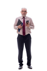 Old businessman talking by phone isolated on white