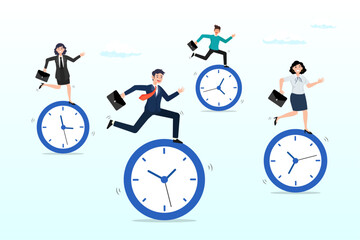 Business people riding clock to finish work assignment, deadline or busy work, time management, team productivity, work efficiency or fast speed to complete within time countdown, performance (Vector)