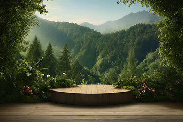 Plain wooden podium for product with green landscape background - obrazy, fototapety, plakaty