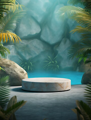 3d round marble podium on tropical background for product showcase