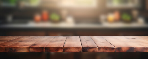 Close Up of Empty Wooden Kitchen Counter Top, Blurred Background in Rustic Kitchen for Food and Drink Mockups, Generative AI
