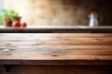 Close Up of Empty Wooden Kitchen Counter Top, Blurred Background in Rustic Kitchen for Food and Drink Mockups, Generative AI