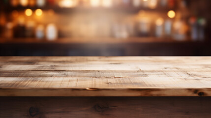Close Up of Empty Wooden Kitchen Counter Top, Blurred Background in Rustic Kitchen for Food and Drink Mockups, Generative AI