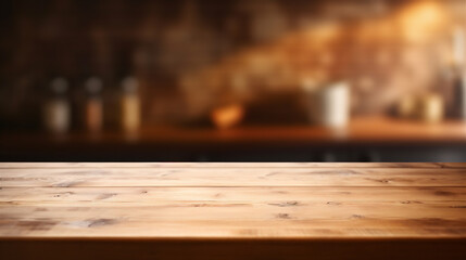 Close Up of Empty Wooden Kitchen Counter Top, Blurred Background in Rustic Kitchen for Food and Drink Mockups, Generative AI