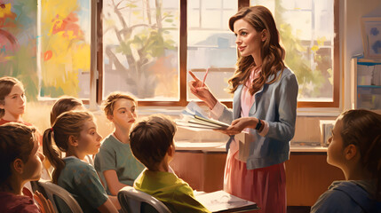 Embark on a colourful learning journey through a digital painting of a dynamic classroom, where education is a blend of inspiration and creativity.