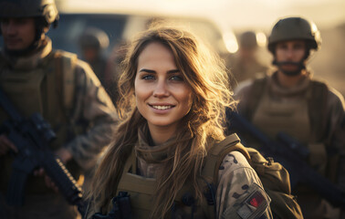 Fototapeta premium A young adult soldier proudly wears her uniform, ready for another mission. Woman soldier face radiates a genuine smile and happiness.