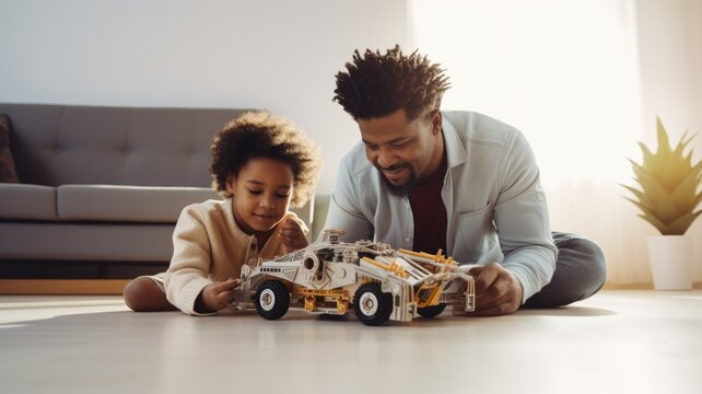 Father and son programming and building a scientific robotics projects together. Distance learning hobbies technology concept. STEM-education