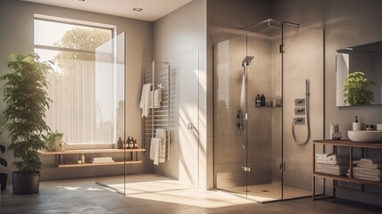 Modern bathroom interior with shower. 3d rendering, 3d illustration. generativa IA
