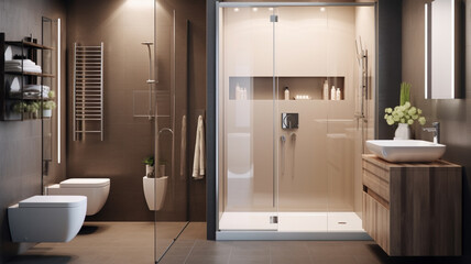 3d render of modern bathroom with beige walls and tiled floor generativa IA