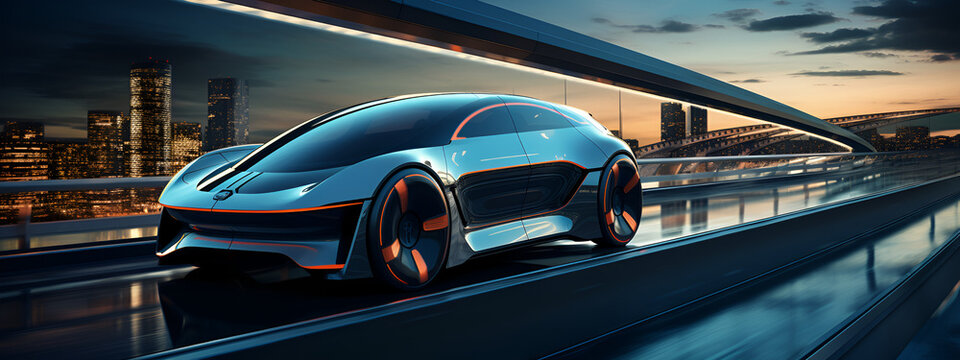futuristic self driving car in highway, futuristic concept.