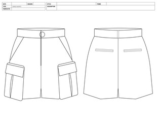 Customizable Shorts Vector Illustration, Pant Template, Flats Sketch, Clip Art Technical Fashion Flats Sketch High Quality Vector Outline, Dress Pants Adobe Illustrator, Cargo Shorts Technical Drawing