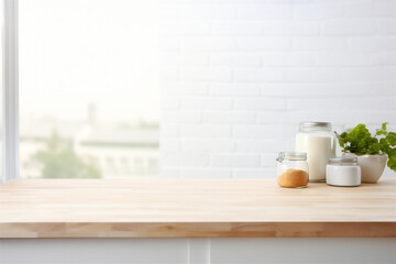 Fototapeta na wymiar Close Up of Empty Wooden Kitchen Counter Top, Blurred Background in Modern White Kitchen for Food and Drink Mockups, Generative AI