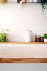 Fototapeta na wymiar Close Up of Empty Wooden Kitchen Counter Top, Blurred Background in Modern White Kitchen for Food and Drink Mockups, Generative AI