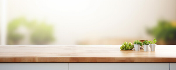 Close Up of Empty Wooden Kitchen Counter Top, Blurred Background in Modern White Kitchen for Food and Drink Mockups, Generative AI