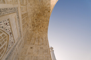 The architecture of the Taj Mahal temple, Agra, Uttar Pradesh, India is built of white marble