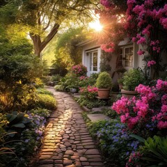 Fototapeta premium A Blooming Home Garden and Pathway. Generative AI 12