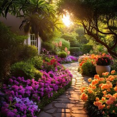 A Blooming Home Garden and Pathway. Generative AI 9