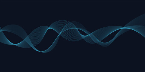Abstract blue wave element for design. Digital frequency track equalizer. Stylized line art background. Vector illustration. Wave with lines created using blend tool. Curved wavy line, smooth stripe.