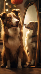 beautiful dog looking in the mirror, dog looking at its reflection in the mirror, generative ai