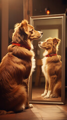 beautiful dog looking in the mirror, dog looking at its reflection in the mirror, generative ai