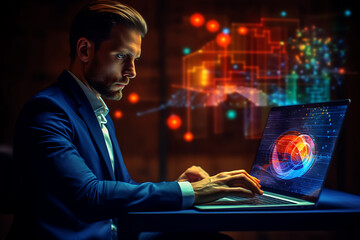 businessman working on computer, landing financial market graphs, generative ai