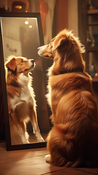 beautiful dog looking in the mirror, dog looking at its reflection in the mirror, generative ai