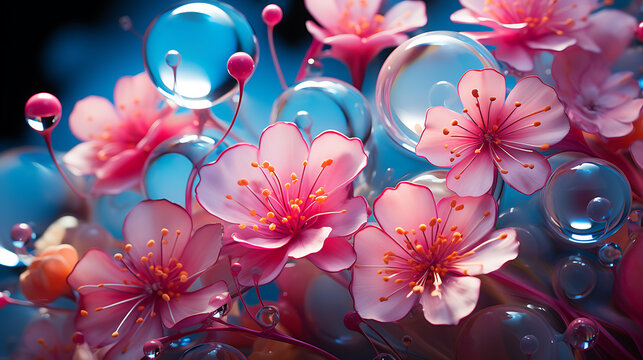 abstract pc desktop wallpaper background with flying bubbles on a colorful background. aspect ratio 16:9 . Generative AI