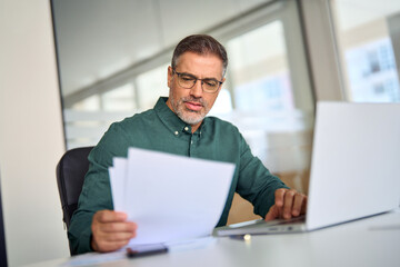 Middle aged older professional business man executive ceo accountant lawyer expert using laptop...