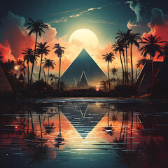 modern illustration for desktop background, neon illustration, egypt pyramid, generative ai