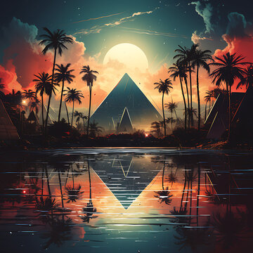 modern illustration for desktop background, neon illustration, egypt pyramid, generative ai
