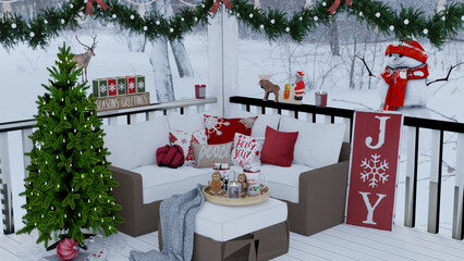 Christmas balcony with candles and gifts on day scene