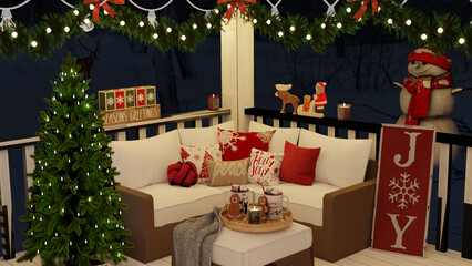 Christmas balcony with candles and gifts on night scene