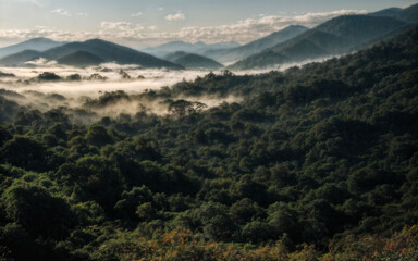 Naklejka na ściany i meble photo of landscape mountain view with fluffy smoke and cloud, generative AI