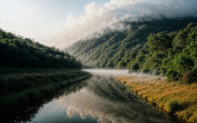 Fototapeta na wymiar photo of landscape mountain view with fluffy smoke and cloud, generative AI