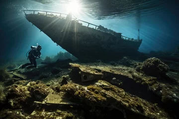 Deurstickers Wreck of the ship with scuba diver © Virtual Art Studio