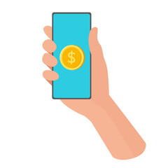 hand holding a smartphone displaying a dollar coin on the screen