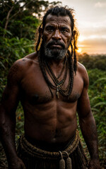 Fototapeta na wymiar photo of savage barbaric tribal in the jungle , generative AI