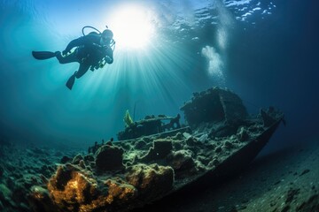Fototapeta na wymiar Wreck of the ship with scuba diver