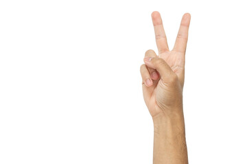 Cropped shot of someone hand showing two finger (or V sign) isolated with white background.