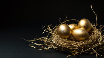 Golden egg in a nest on a dark background. - obrazy, fototapety, plakaty