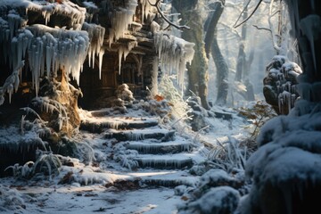 A photograph of a winter forest with a snow-covered trail and icicles on trees