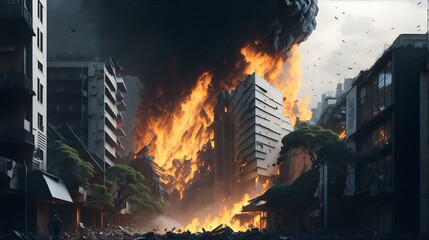 炎に包まれる街、ビル火災｜City engulfed in flames, building fire. Generative AI