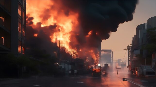 炎に包まれる街、ビル火災｜City engulfed in flames, building fire. Generative AI