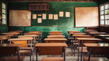 Generative AI : School classroom with desks chair wood, and blackboard in high school of thailand - obrazy, fototapety, plakaty