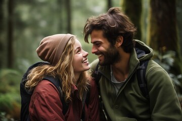 Fototapeta premium Generative AI : Young couple hiking through the woods, deeply in love, sharing an intense eye contact