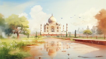 Generative AI : Majestic Watercolor: Taj Mahal - An Exquisite Illustration of India's