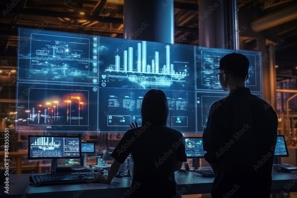 Poster generative ai : male and female asian engineers are using modern computer interface about refineries