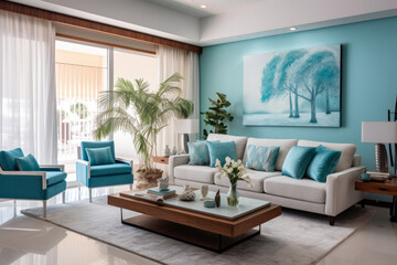 Fototapeta na wymiar A Serene Oasis: A Beautifully Designed Living Room Interior in Turquoise and White Colors