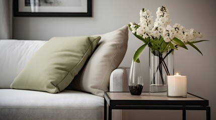 close up of a white sofa and a side table with white flowers in a glass vase